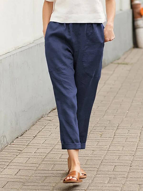 Large size comfortable cotton and linen casual trousers Dark Blue