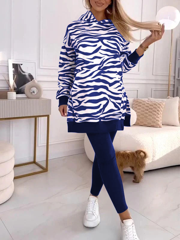 Women's Fashion Print Hoodie and Lined Leggings Set Blue