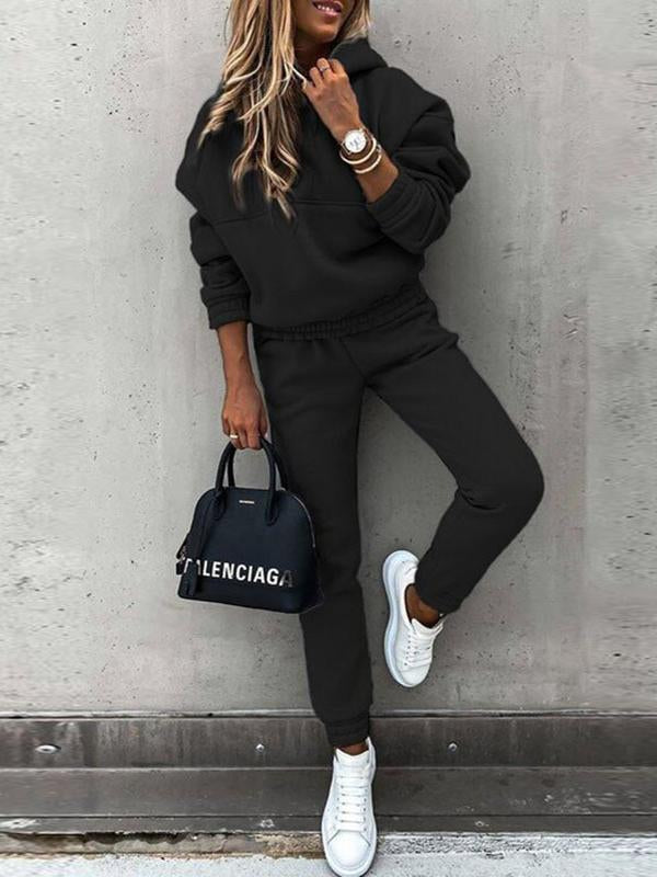 Women's Casual Solid Color Hoodie Hooded Fashion Long-sleeved Pants Suit Black