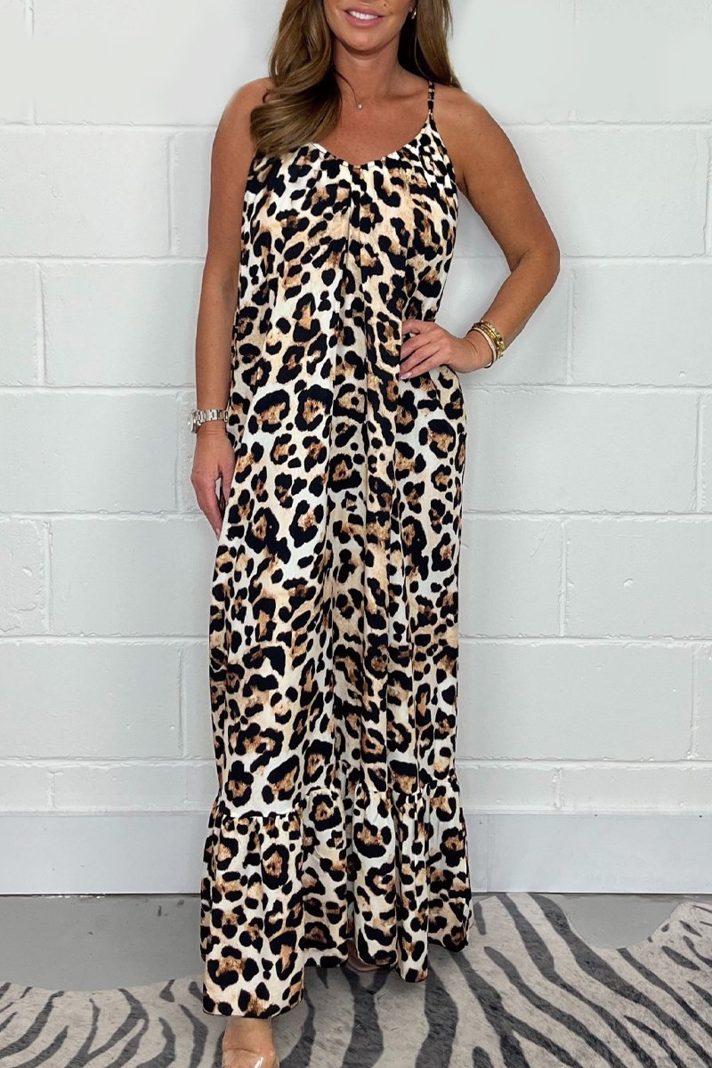 Leopard Print Spaghetti Strap Maxi Dress Brown