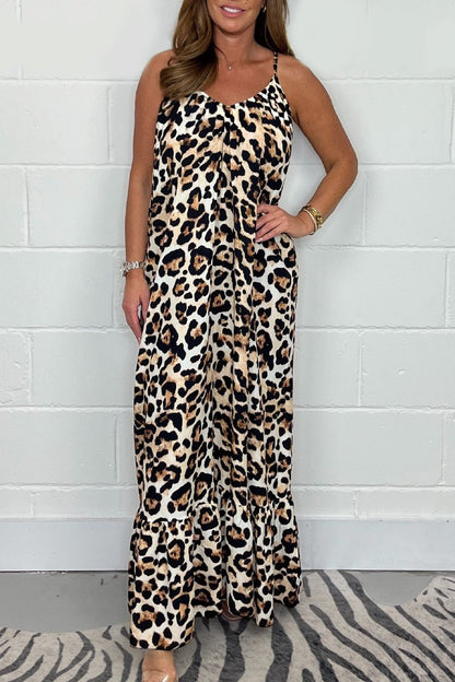 Leopard Print Spaghetti Strap Maxi Dress Brown