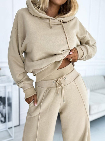 Women's Fashion Solid Color Hoodie and Wide Leg Pants two-piece set Khaki