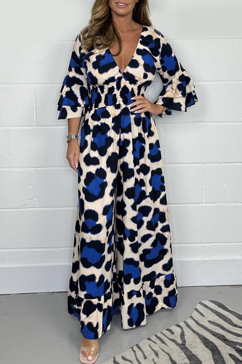 Leopard print V-neck jumpsuit Blue