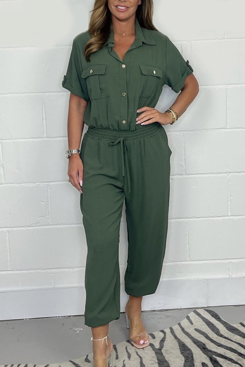 Gold Button Tie Jumpsuit Army green