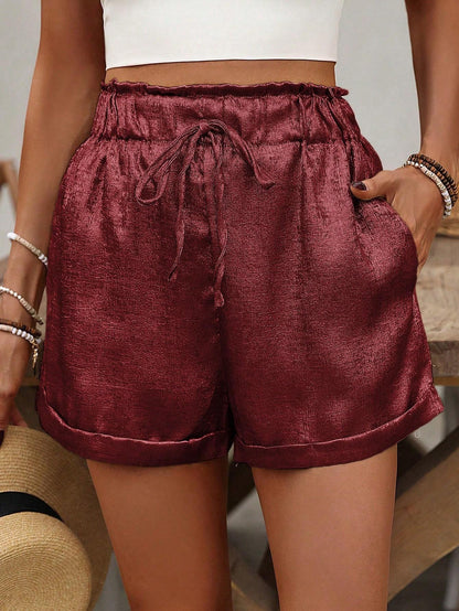 Women's Solid Color Belted Lace Hem Shorts Hot red