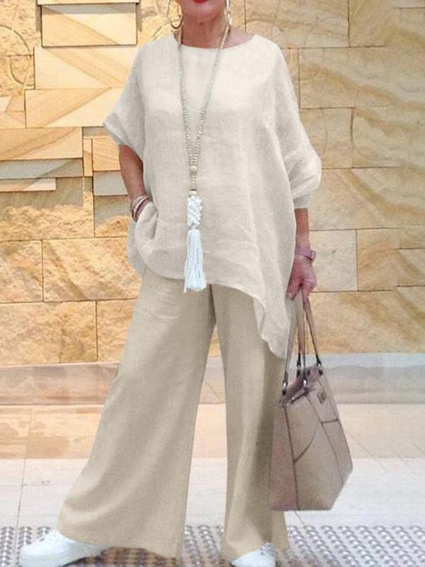 Women's Large Size Asymmetrical Long Sleeve Wide Leg Pants Cotton Linen Two-piece Set Off-white