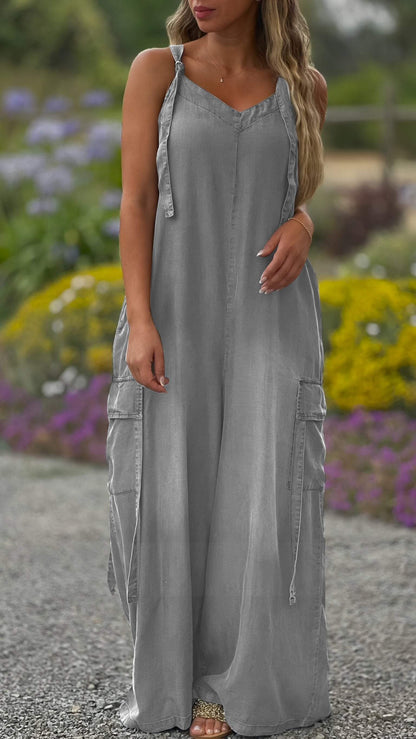 Pocket Casual V-neck Overalls Gray