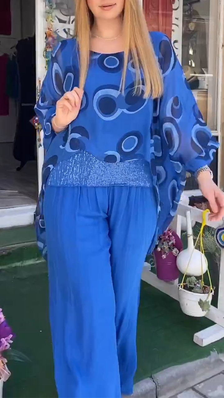 Casual Round Neck Bat Sleeve Top and Trousers Two-piece Suit blue