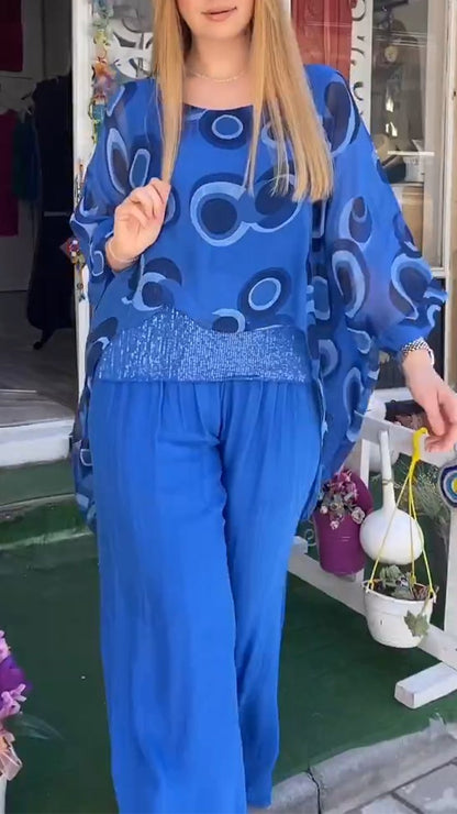 Casual Round Neck Bat Sleeve Top and Trousers Two-piece Suit blue