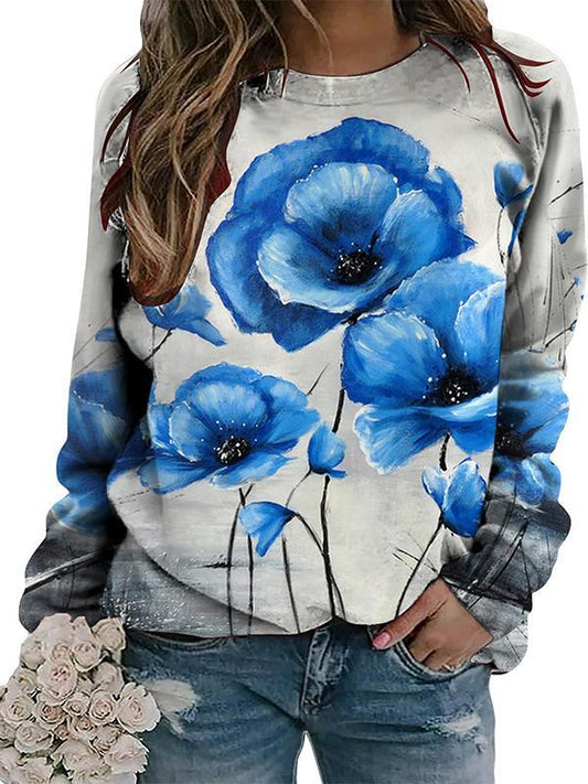 Casual Round Neck Colorful Printed Long Sleeve Top blue