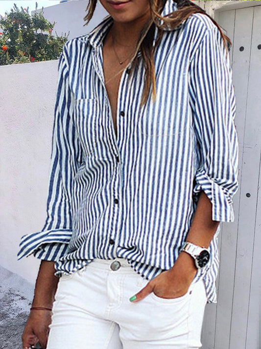 Shift Casual Striped Long Sleeve Blouse&shirt Blue