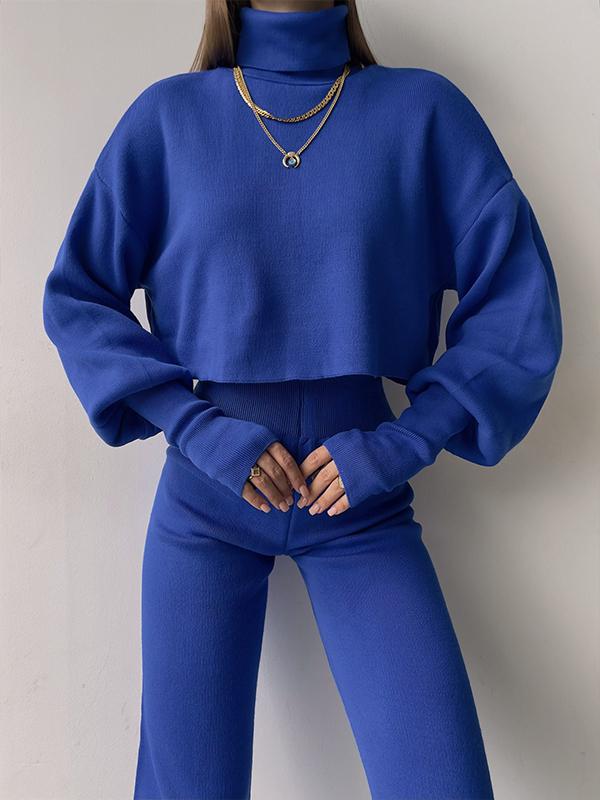 Casual Hoodie with High Neck, Loose Long-sleeved Trousers and Two-piece Set Blue