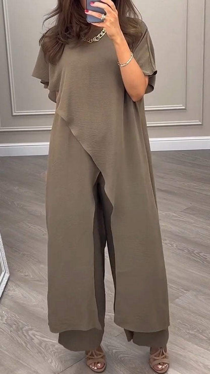 Round Neck Slit Long Top + Wide Leg Pants Two-piece Suit Brown