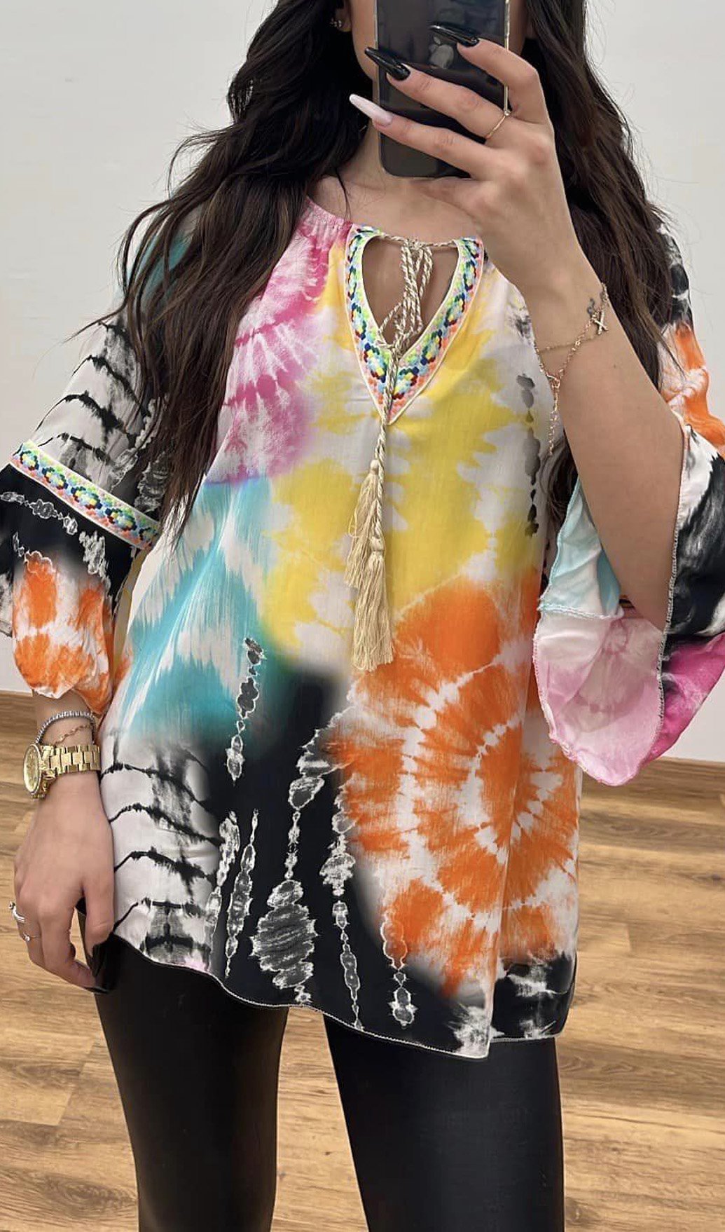 Ethnic Embellished Webbing Tie-dye Shirt multicolor