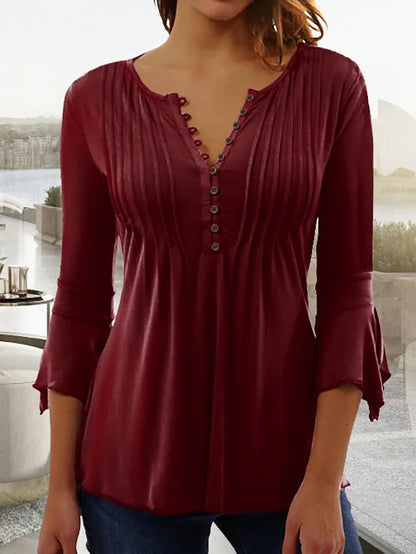 White V Neck Buttoned Basic Casual Plain Ruched Tunic Top Wine Red