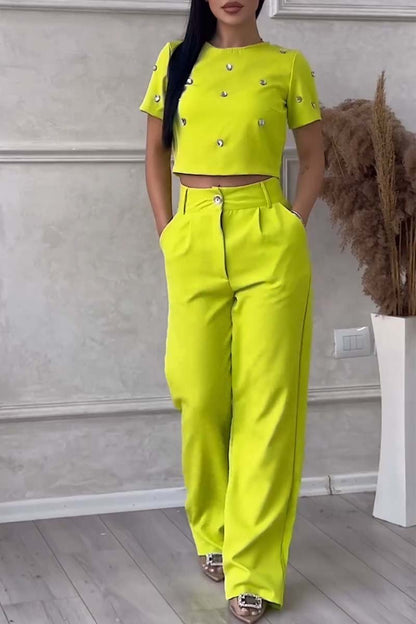 Stylish diamond embellished top and pants set Fluorescent green