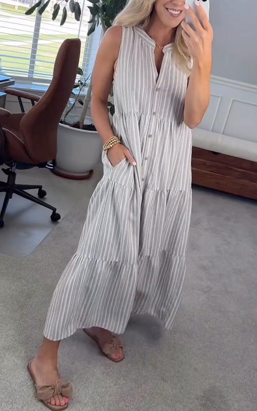 Women's V-neck Solid Color Sleeveless Striped Dress