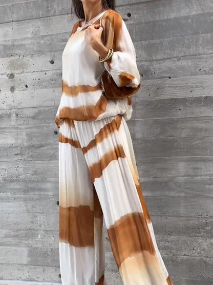 Casual chiffon contrasting corrugated round neck top + pants two-piece set