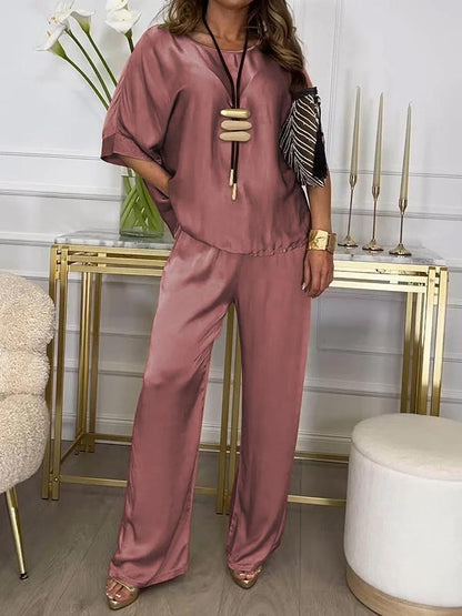 Casual Crew Neck Satin Suit Pink