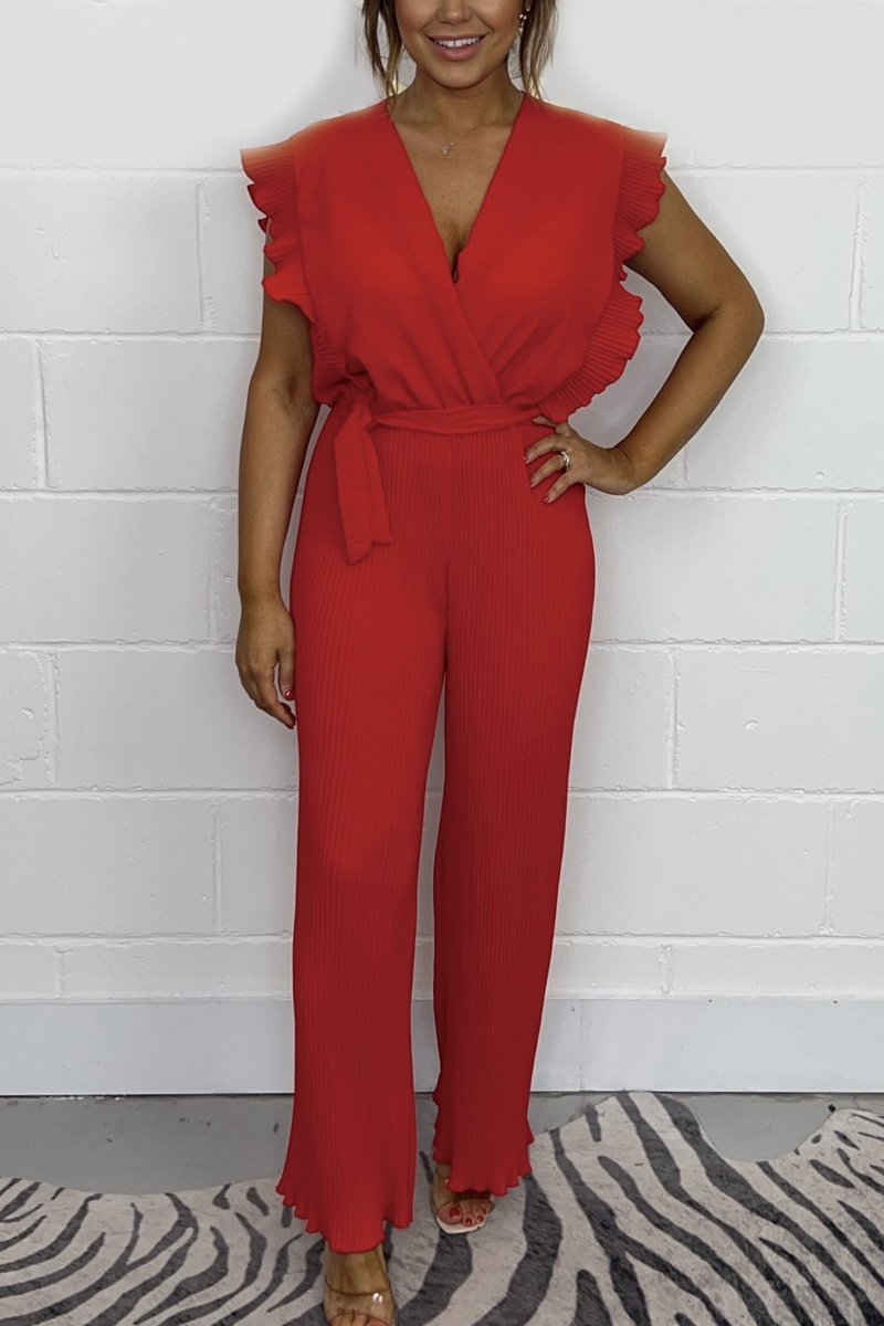 Tie Waist Pleated Leg Jumpsuit Red