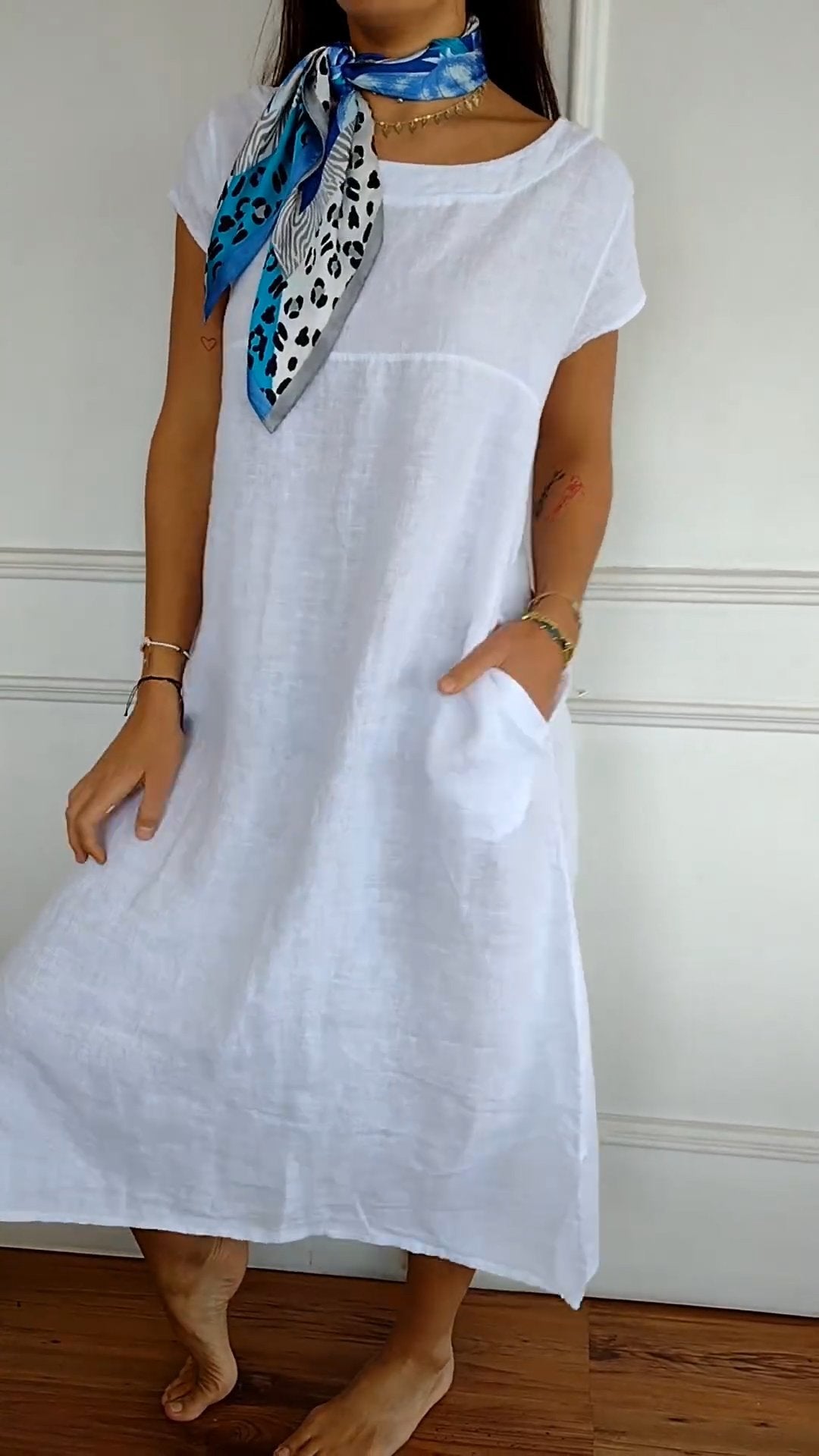 Round Neck Short Sleeve Pocket Dress white