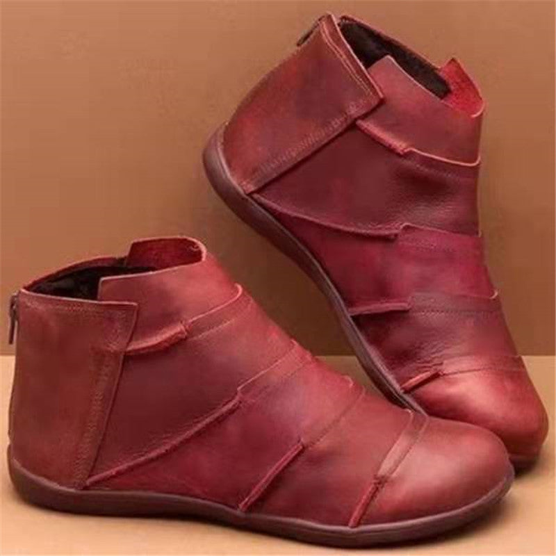 Women's Round Toe Casual Leather Boots Back Zipper Martin Boots Short Boots Red