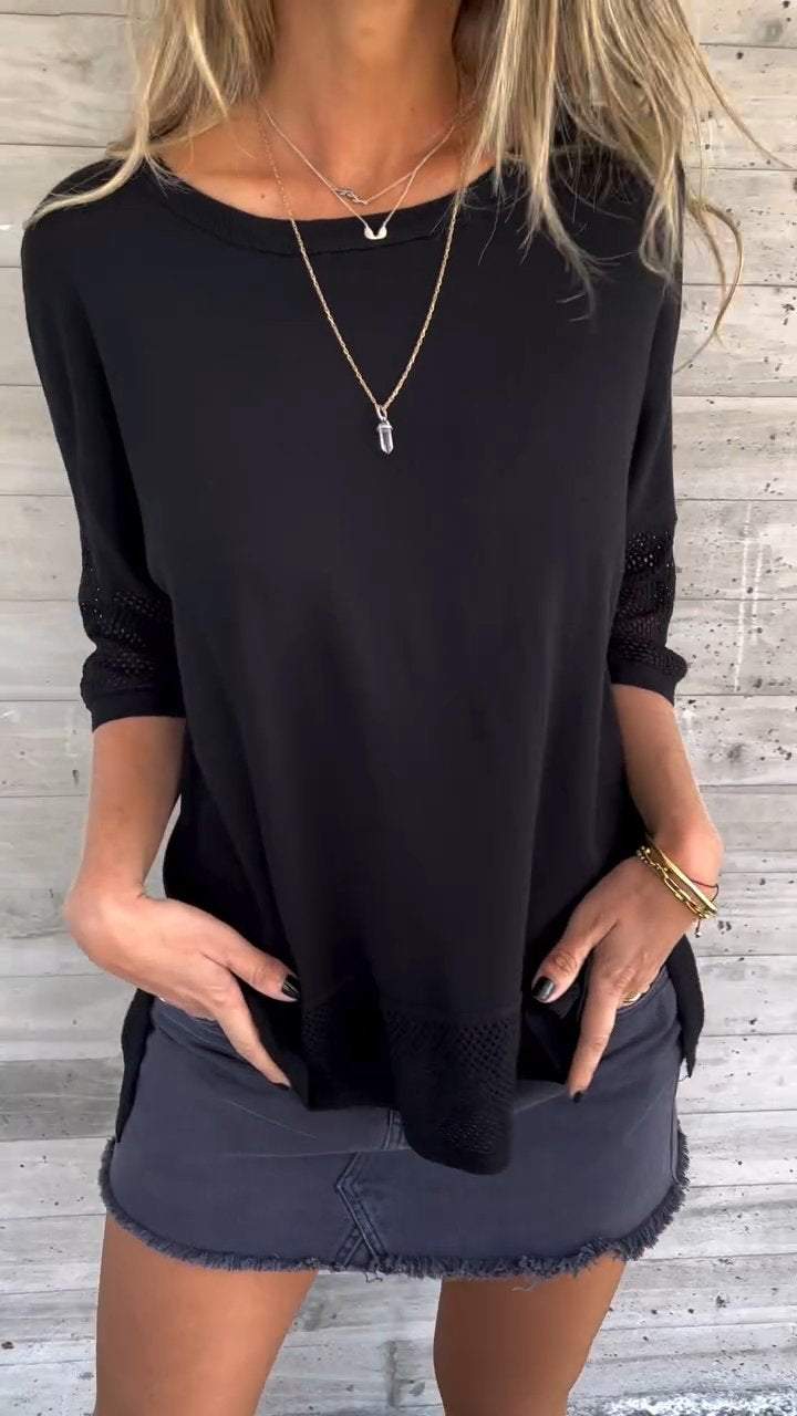 Casual Round Neck Hollow Sleeve Top black