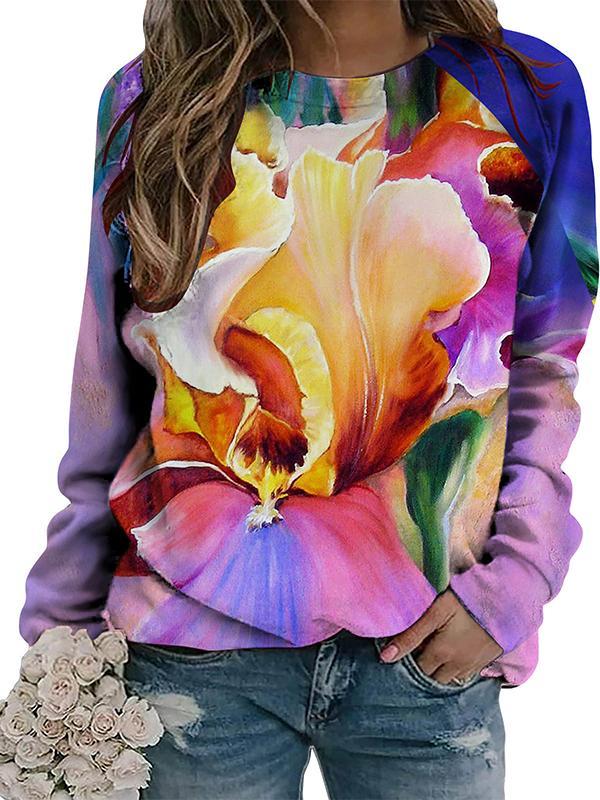 Casual Round Neck Colorful Printed Long Sleeve Top purple