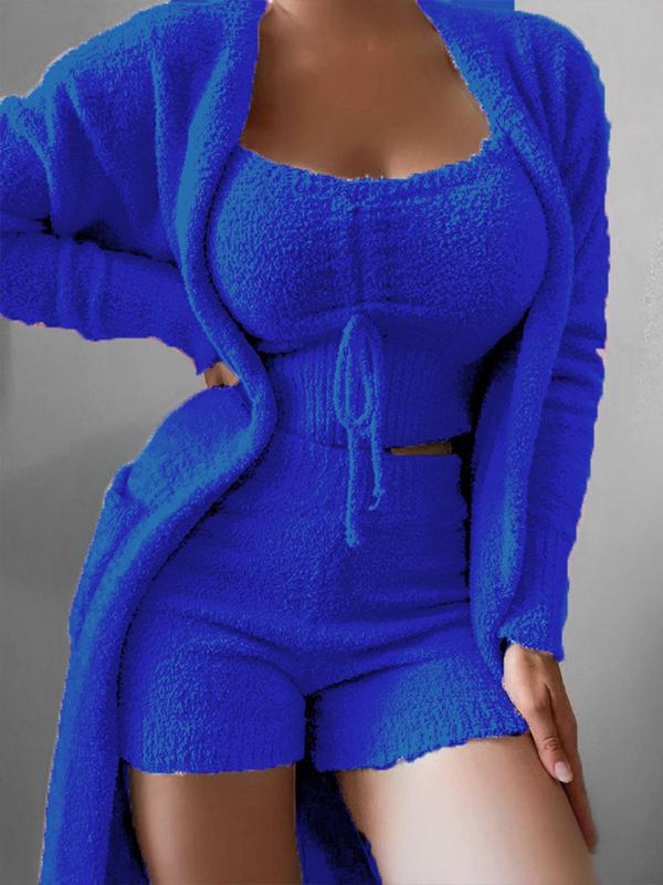 Plush Three Piece Lace Up Pajama Set Casual Suit Home Wear blue