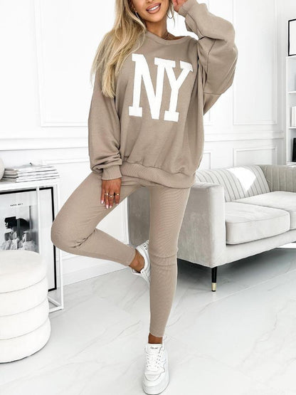 Women's Fashion NYC Sweatshirt and Lined Leggings Set Khaki