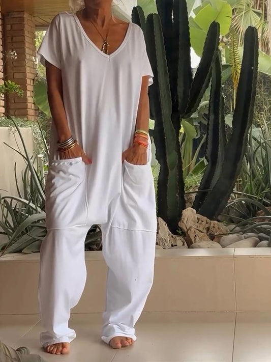 Casual V-neck Solid Color Jumpsuit White