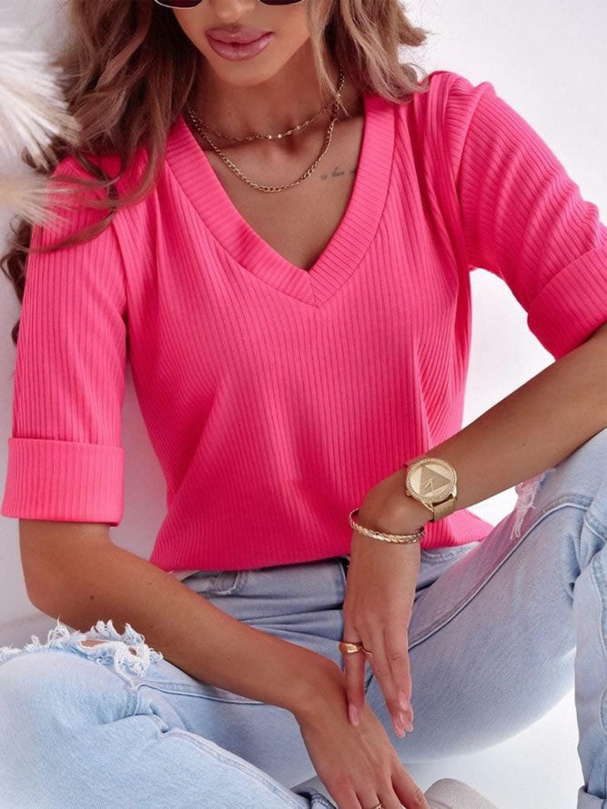 Regular Fit Plain Casual V Neck T-Shirt Pink