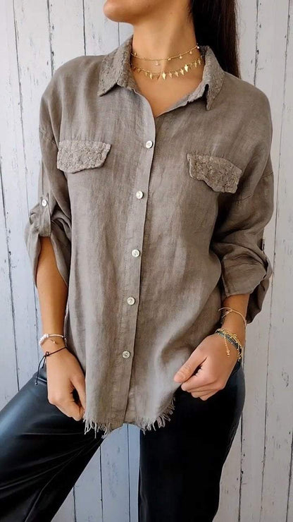 Tassel Lapel Mid-sleeve Cotton and Linen Lapel Shirt