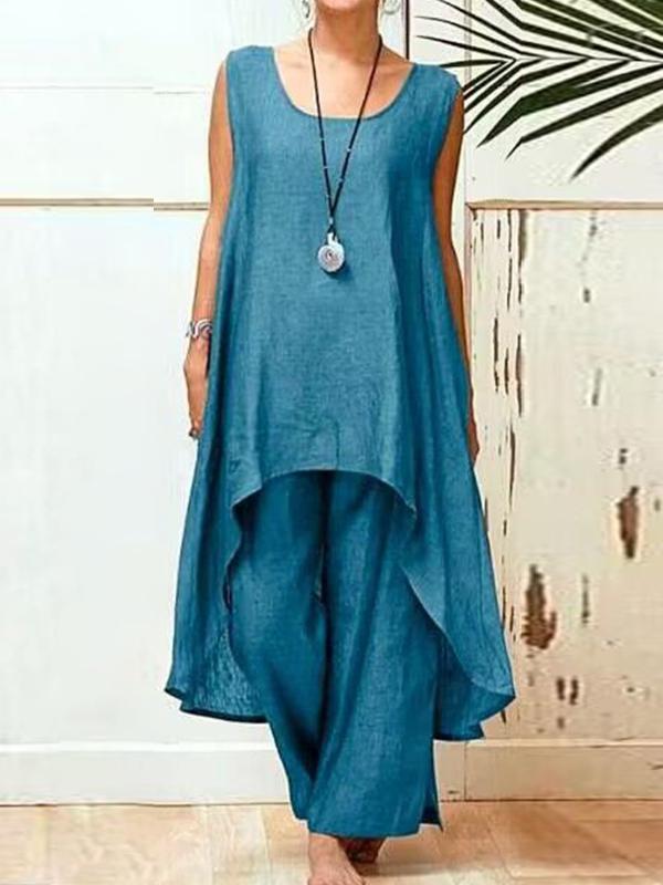 Cotton and Linen Casual Sleeveless Wide-leg Pants Two-piece Set Peacock Blue