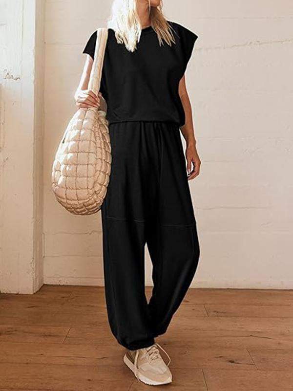 Casual Round Neck Solid Color Two-piece Suit black