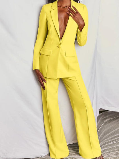 Fashionable Solid Color High-end Casual Suit Yellow