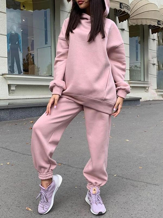 Solid Color Hooded Sweatshirt Casual Two Piece Set pink