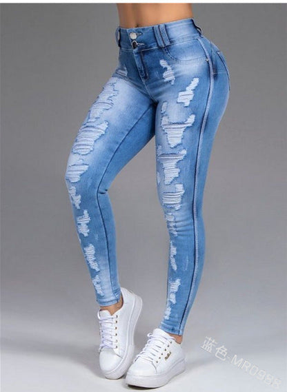 Extreme Distressed Mid Waist Skinny Jeans Blue