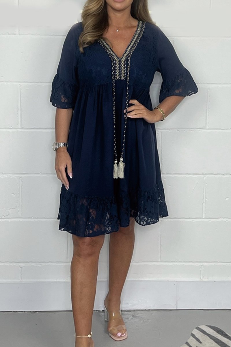 V-neck lace patchwork dress Navy blue