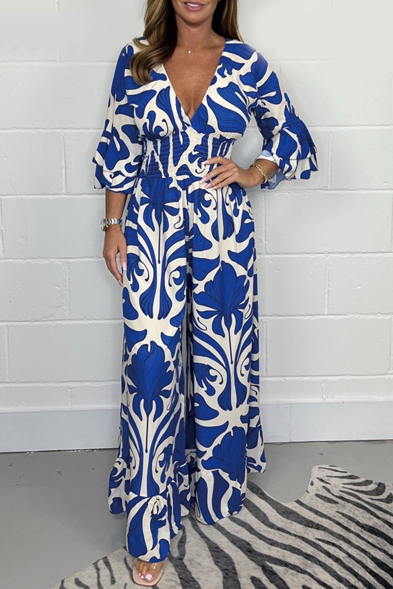 Printed V-neck jumpsuit Blue