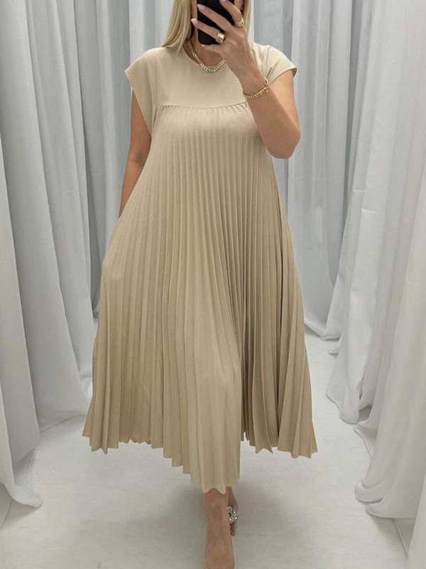 Round Neck Pleated Cap Sleeve Dress apricot