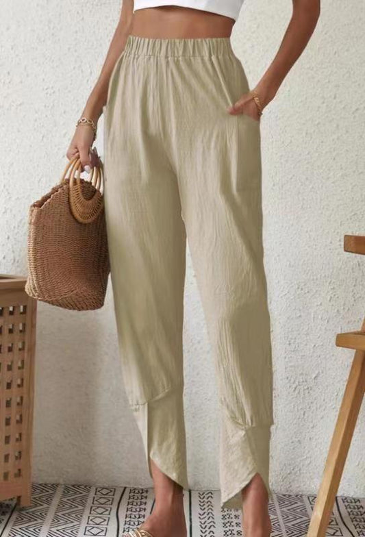 Solid color casual leg pants loose pocket cotton and linen leg pants Khaki