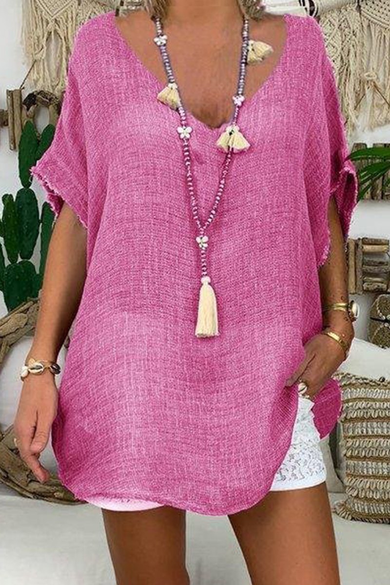 Short-sleeved raw edge loose casual irregular top Pink