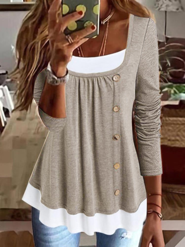 Casual Plain Button-Embellished Long-Sleeve Sweatshirts Khaki