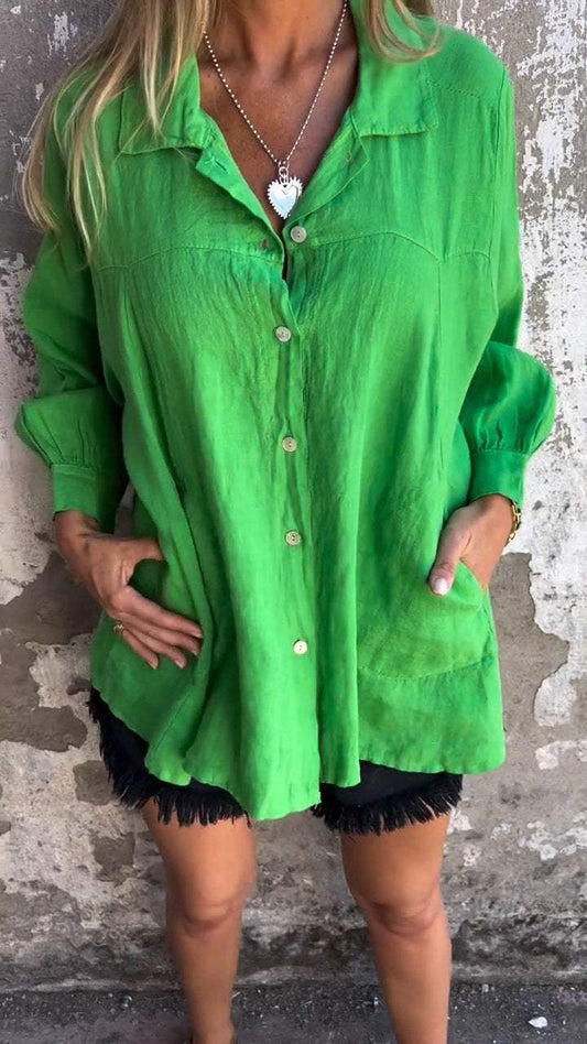 Lapel Long Sleeve Revealing Shirt green