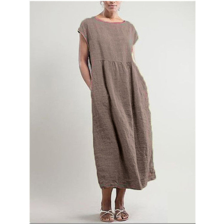 Solid color sleeveless loose cotton and linen pocket dress coffee