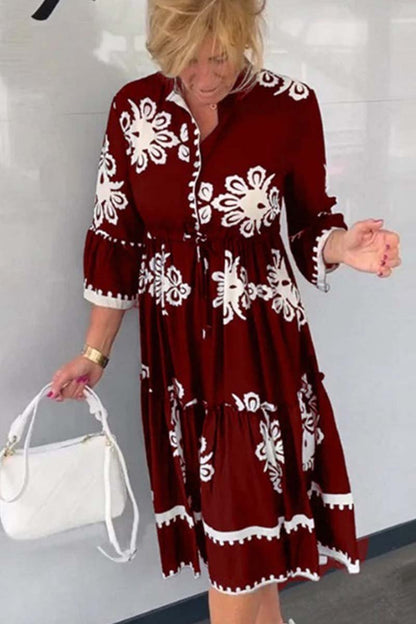 Casual printed three-quarter sleeve dress Wine red