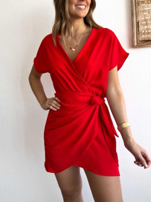 Women's Casual Lace Up Short Sleeve Dress Red