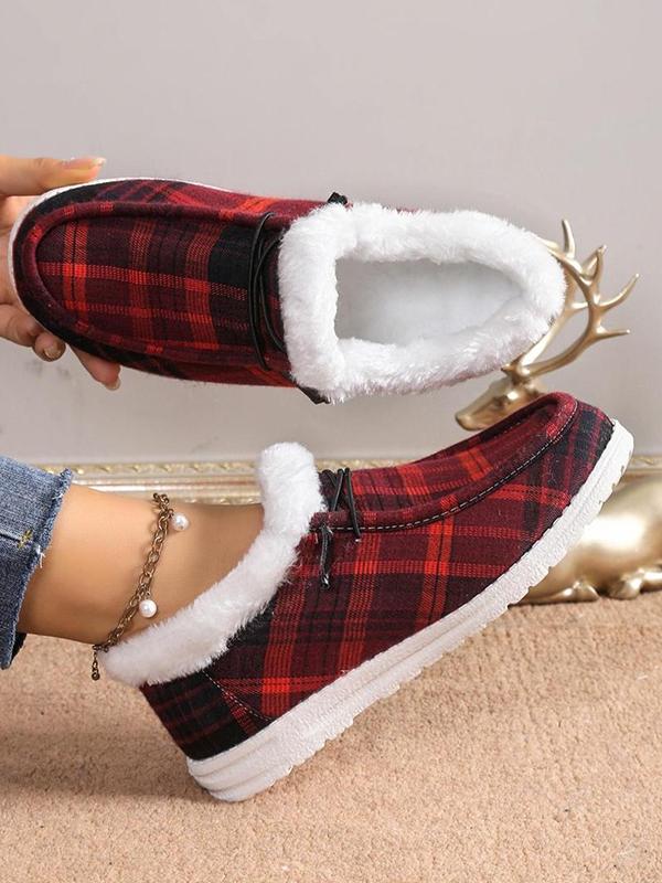 women's thickened velvet warm cotton shoes Red Plaid