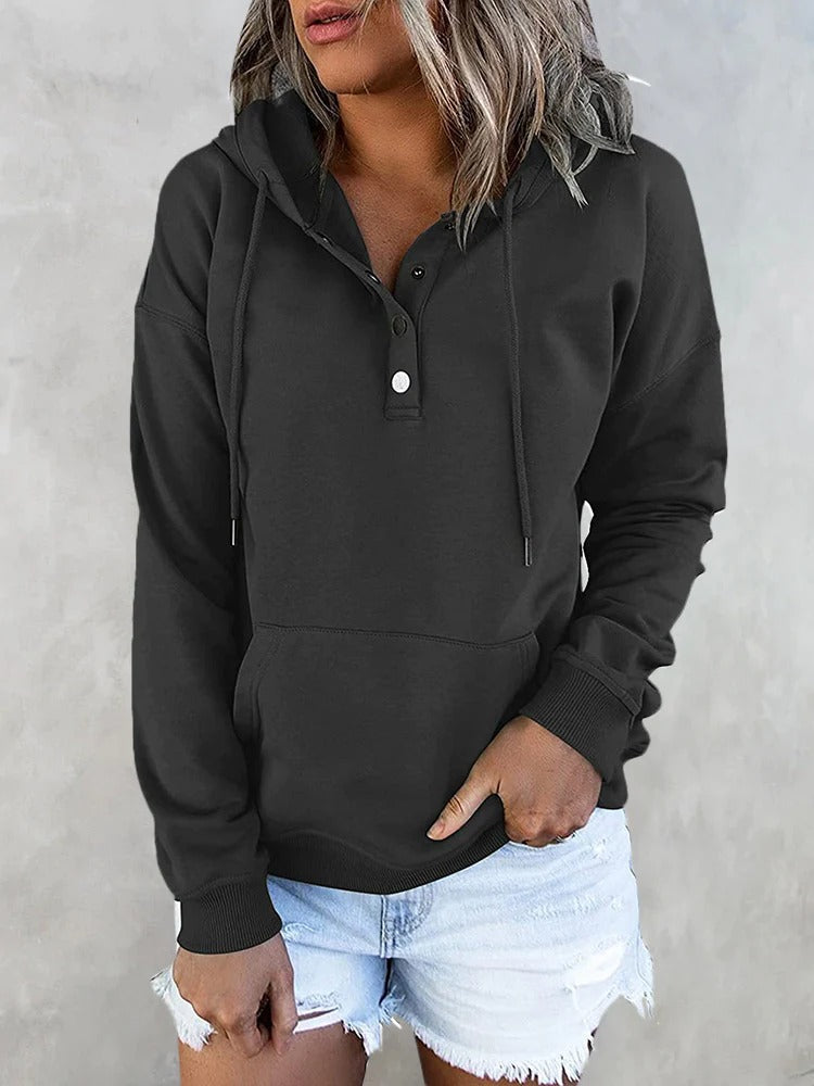 Hotouch Solid Button Front Hoodie with Pocket dark grey